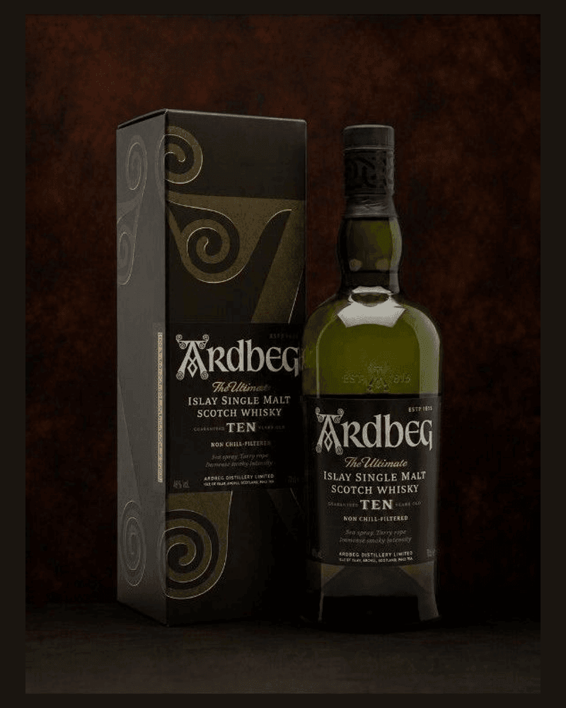 Ardbeg 10 años — botella y estuche