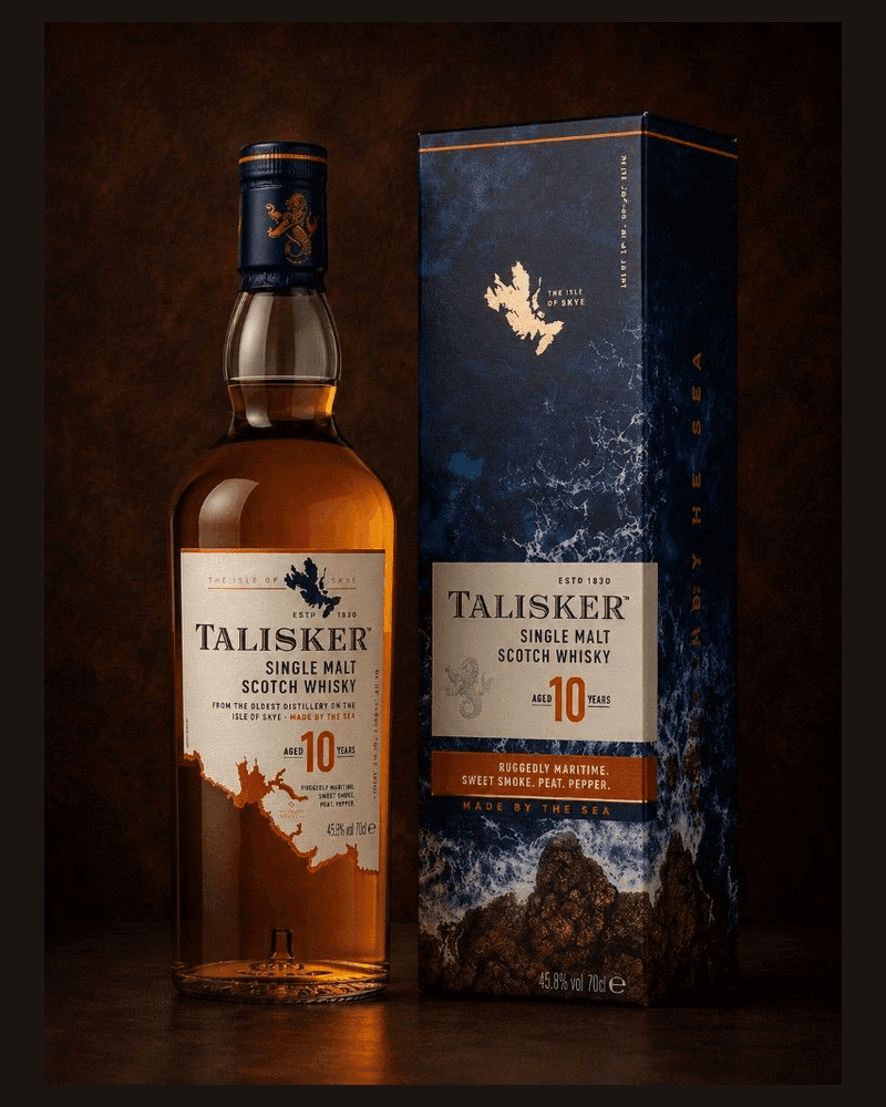 Talisker 10 años — botella y estuche