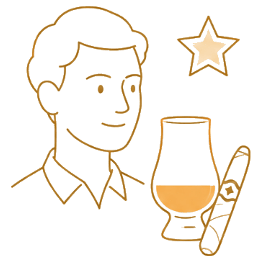 Aficionado con vaso de whisky, puro y estrella