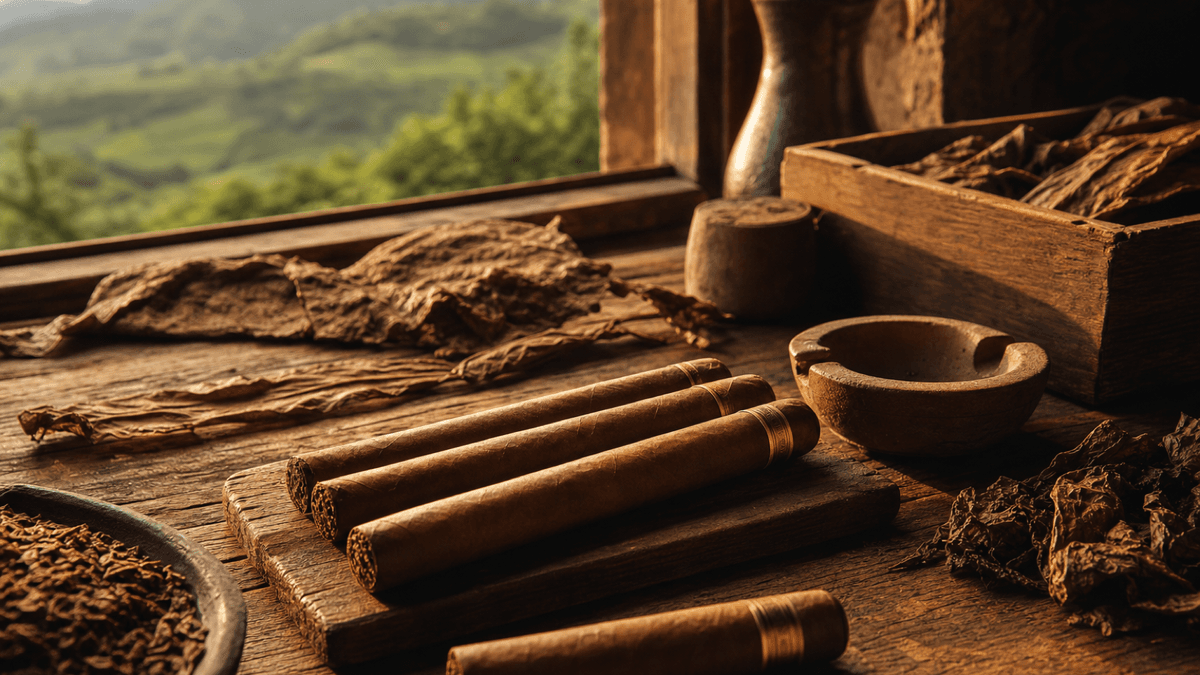 Puros torcido a mano sobre mesa de madera en un taller tabacalero colombiano, hojas de tabaco curado y luz dorada de tarde en los Andes.