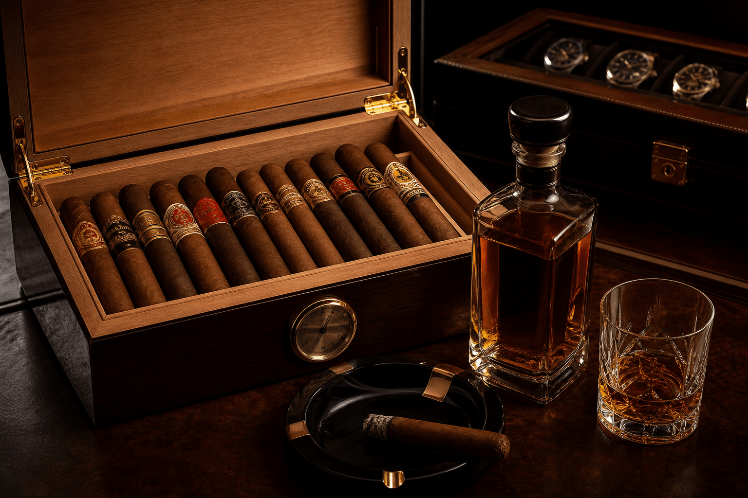 Humidor con puros y habanos y botella en vitrina personal.