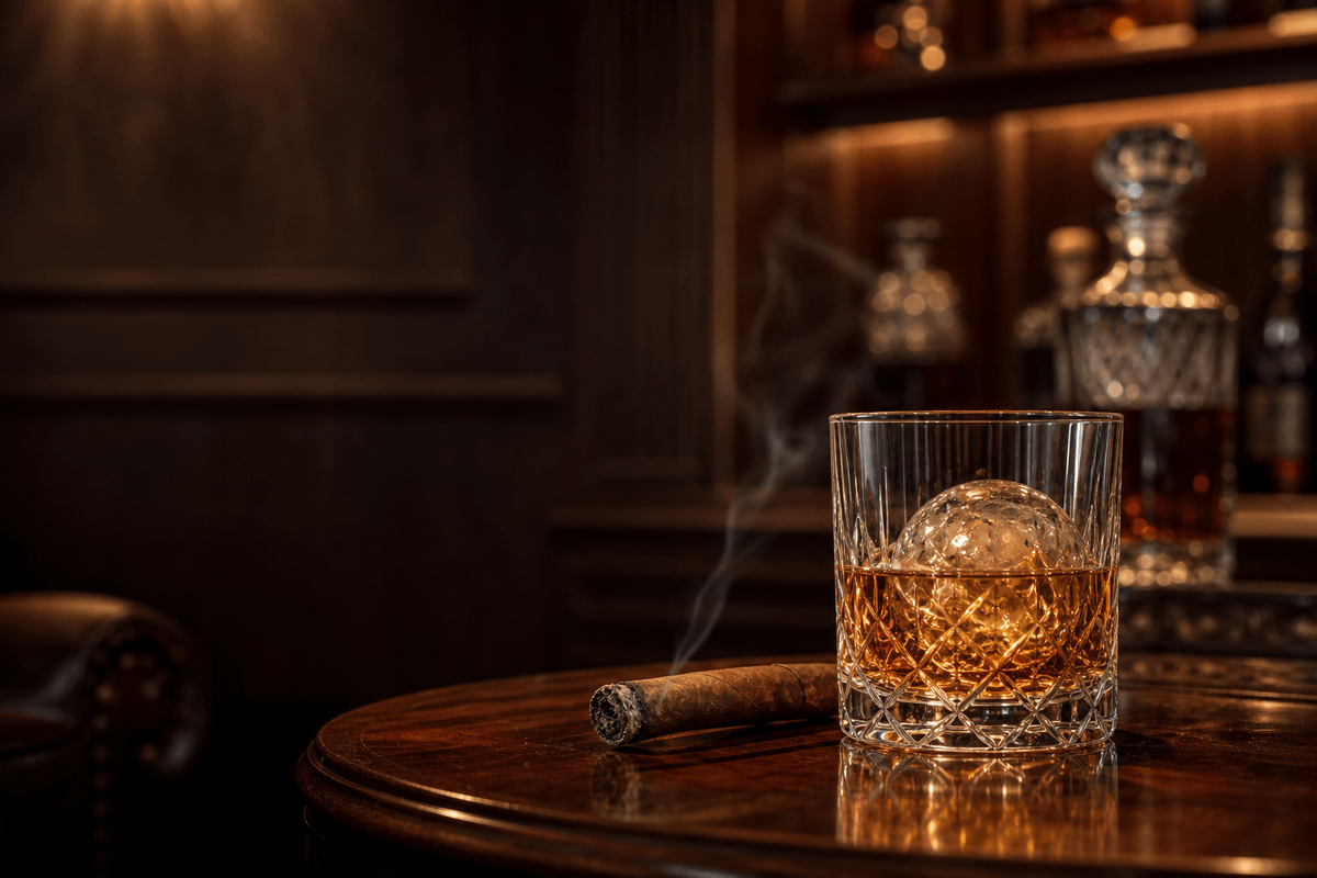Vaso de whisky ámbar y puro habano en lounge oscuro con luz dorada cálida, atmósfera Ritual Ámbar.