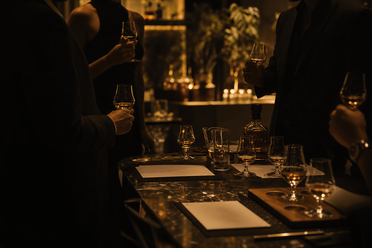 Mesa de cata en lounge con vasos de whisky.