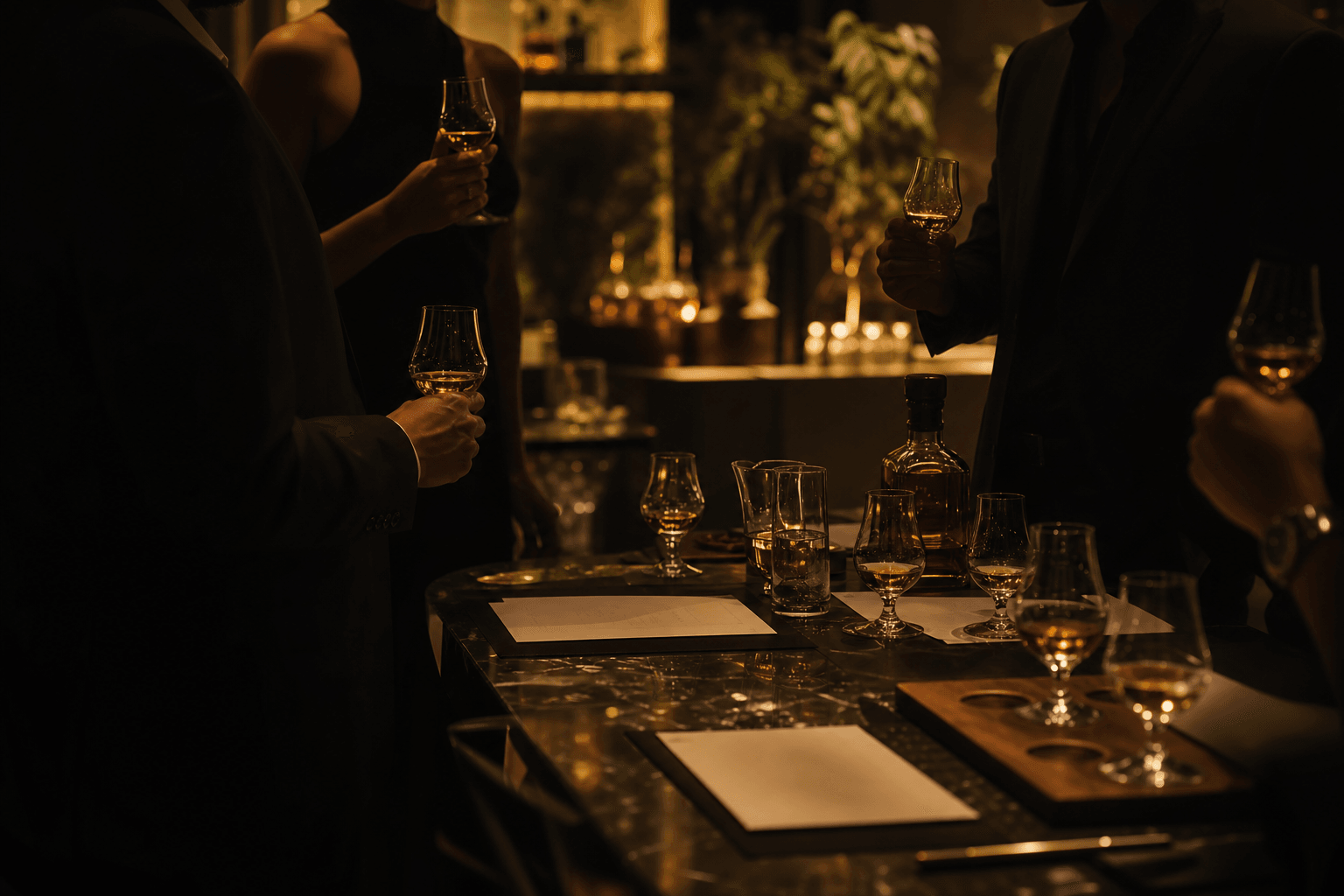 Mesa de cata en lounge con vasos de whisky.
