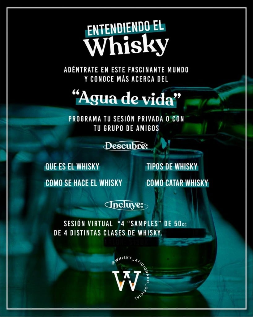 Flyer Entendiendo el Whisky: copa Glencairn con vertido de whisky bajo luz verde azulada, texto de masterclass virtual.